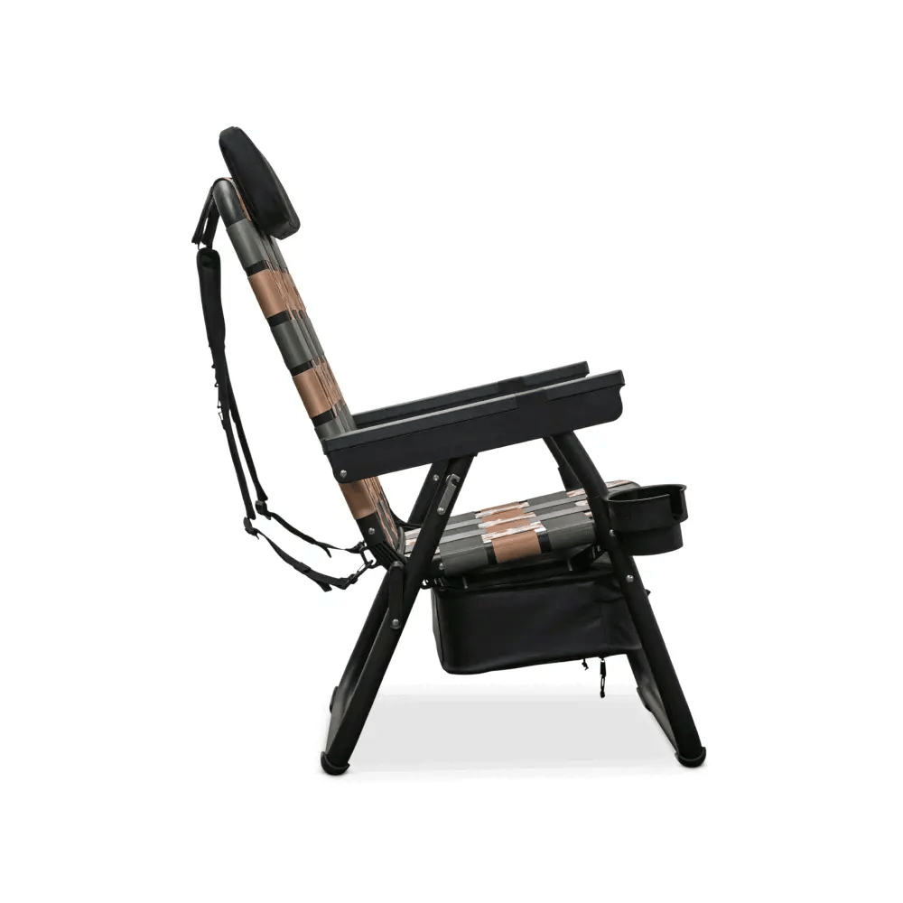 Side view of the PARKIT Free Fly Eclipse Recliner in Vintage Camo pattern a folding beach and camping chair engineered with a 3-in-1 design featuring backpack carry straps, built-in cooler, and cup holder. Crafted from aerospace-grade aluminum for rugged performance, comfort, and durability, it‚Äôs the ultimate outdoor chair for anglers, campers, and adventure seekers.